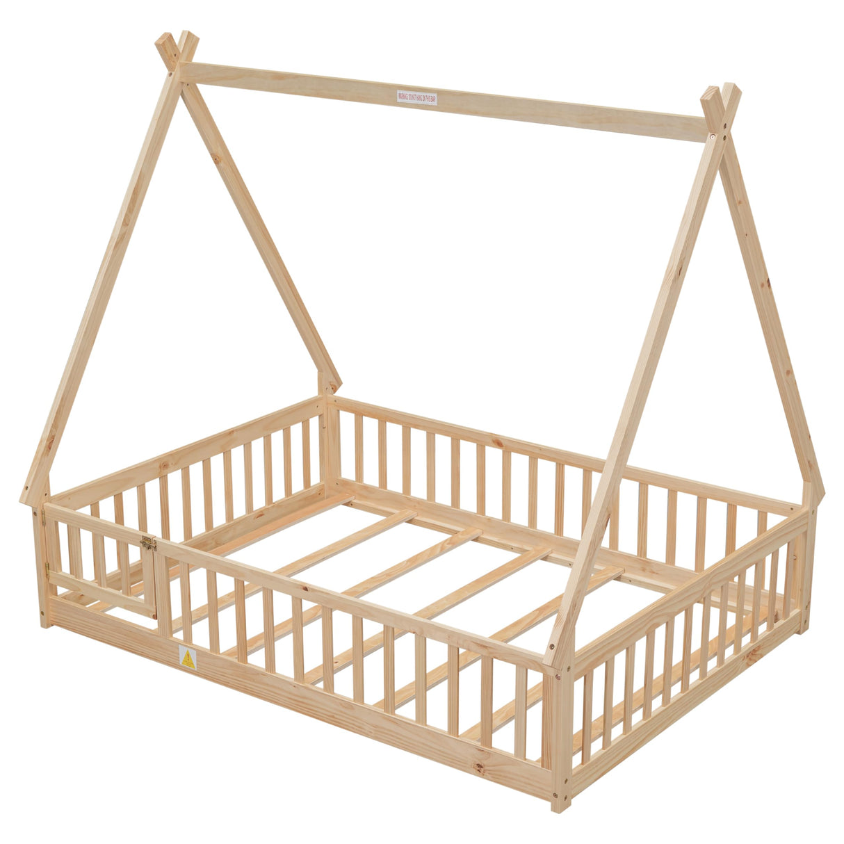 MERITLINE Natural Full Size Montessori Floor Bed with Teepee Design and Fence Rails for Kids MERITLINE