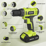 PULITUO'S 20V Cordless Drill/Driver, Electric Screwdriver - 2 Batteries, 30Nm, 21+1 Torque, 2 Speed, Keyless 3/8" Chase Drill with LED Light, Kit for Home (Green) PULITUO