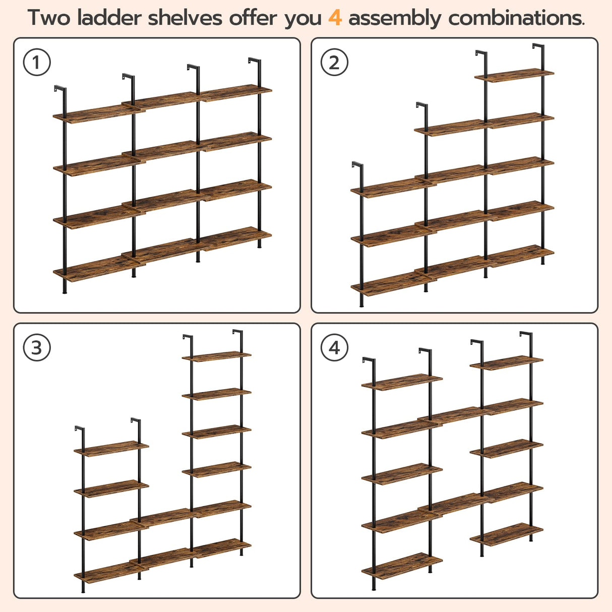 HOOBRO DIY Ladder Shelf, 6-Tier Wall Mounted Bookshelf, Office Vertical Bookcase, Wooden Storage Shelves for Home Office, Bedroom, Rustic Brown and Black BF65CJ01 HOOBRO