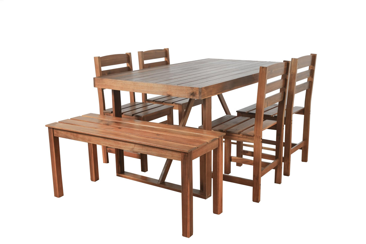 6 Person Outdoor Acacia Wood Dining Table Set, All Weather 6 Pieces Conversation Set, 60'' Rectangle Dining Table with 4 Chairs and Bench for Patio Backyard Garden Poolside Balcony (Brown-26) VilroCaz
