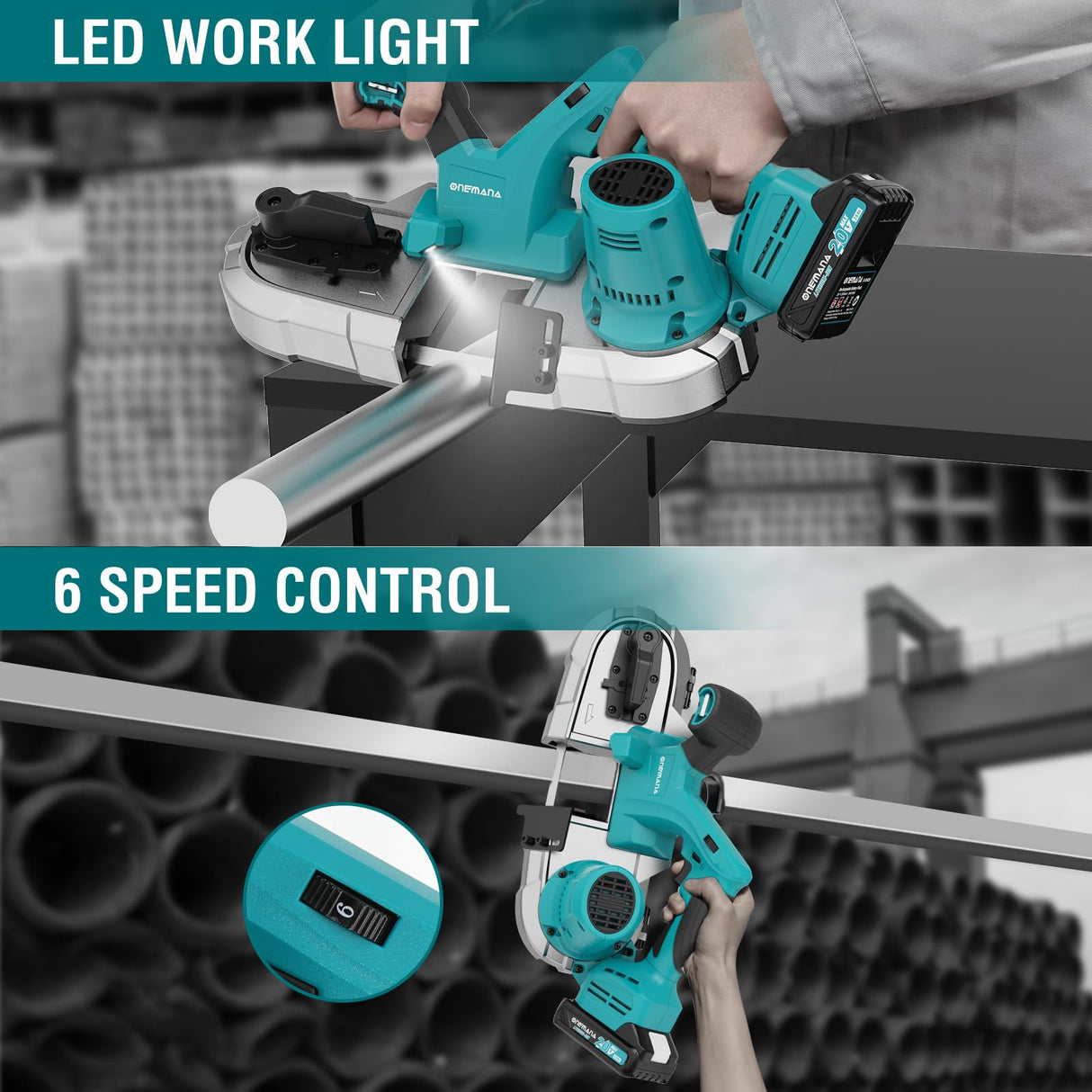 ONEMANA Cordless Bandsaw, 20V Brushless Portable Bandsaw, 2.5" Deep Cut Metal Band Saw, 6 Speeds Band Saw for Cutting Metal,woodworking,Pipe, Conduit (Battery Included) ONEMANA