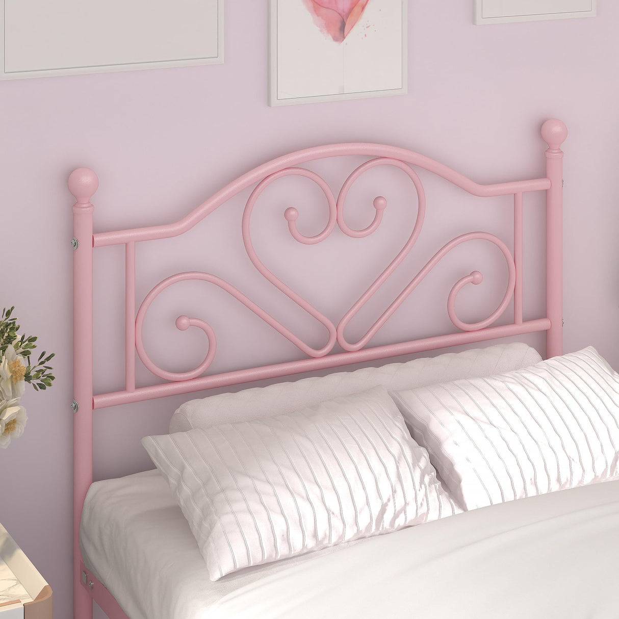 Weehom Twin Bed Frames with Headboard, Heavy Duty Metal Platform Bed Under Bed Storage Space Easy Assembly for Kids Girls Adults, Pink Weehom