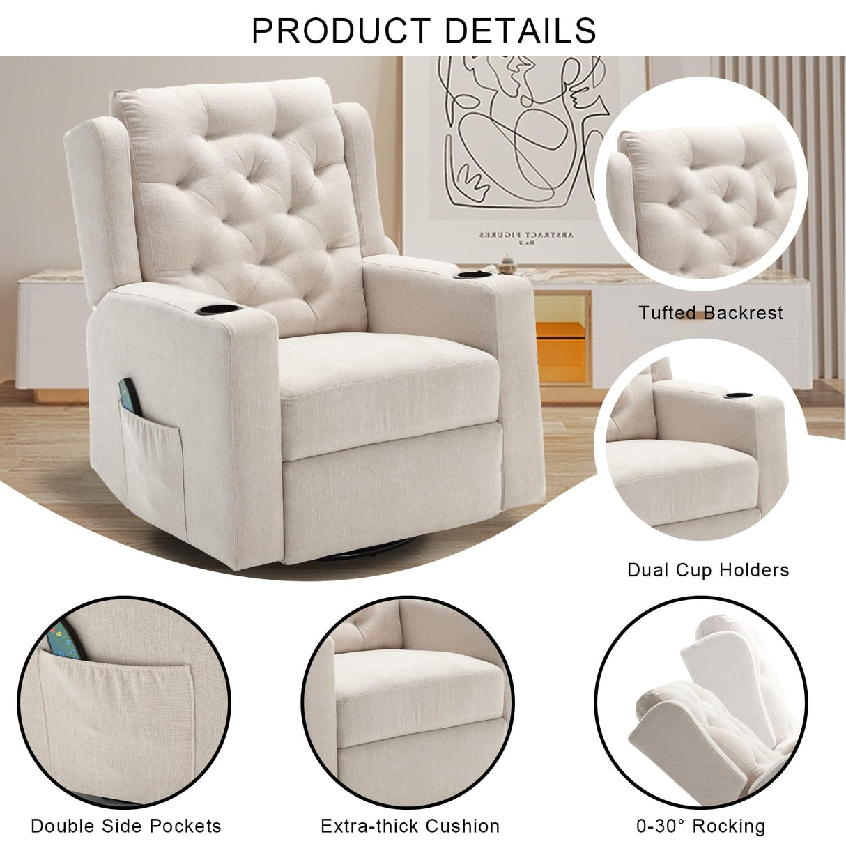Comermax Oversized Massage Recliner Chair Swivel Rocker Recliner for Adult, Wide Seat Fabric Reclining Chair, Manual Recliner Chair with Cup Holder, Glider Rocking Chair for Nursery, Beige Comermax