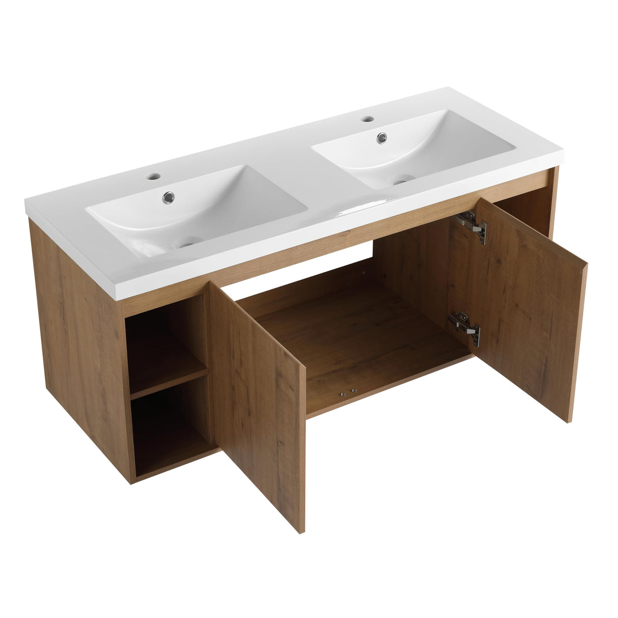 SSLine 48-Inch Double Sink Vanity Modern Wall Mounted Bathroom Vanity with Double Resin Sink 48" Large Floating Bathroom Vanities Set with Side Open Shelves & Cabinet (Brown) SSLine