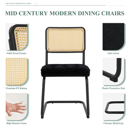 COLAMY Mid Century Modern Dining Chairs Set of 4, Velvet Rattan Dining Room Kitchen Side Chairs with Upholstered Seat and Metal Chrome Legs for Home, Living Room, Bedroom - Black - WoodArtSupply