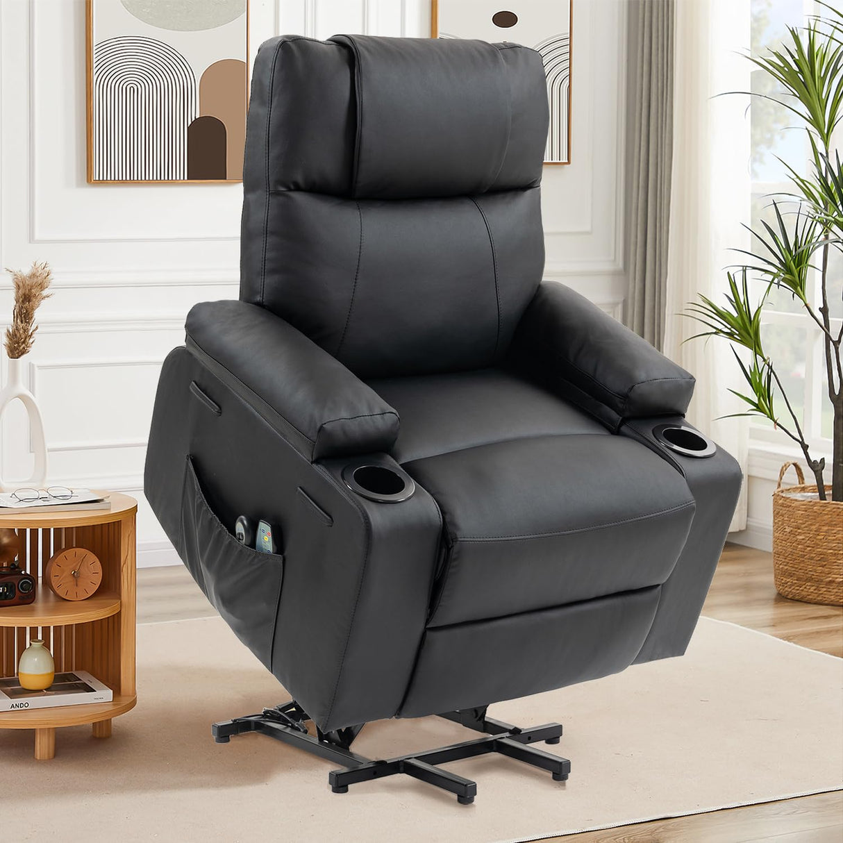 Power Lift Recliner Chair for Elderly, Electric Stand Assist Reclining Chair with Massage and Heat Function, Leather Living Room Furniture, Comfy Single Sofa with Cup Holders, Side Pockets, Black BRTHORY