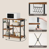 HOOBRO Bakers Rack with Power Outlet, Microwave Stand with 5 S-Shaped Hooks, Coffee Bar, Kitchen Storage Shelf, for Kitchen, Living Room, Rustic Brown and Black BF19UHB01 HOOBRO