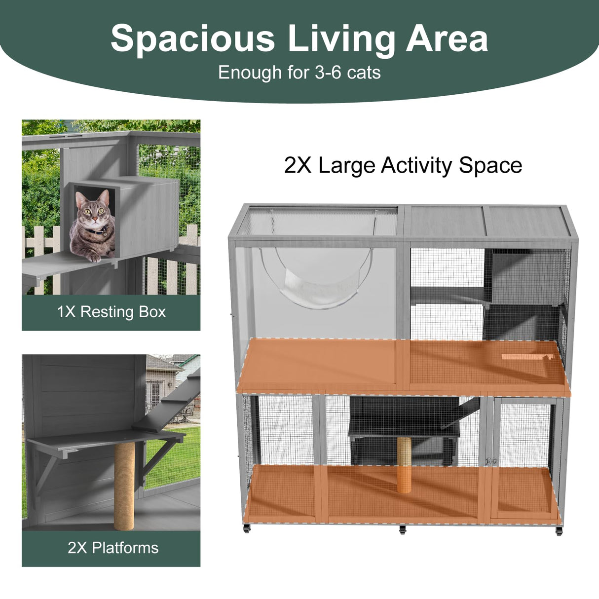 TIMHAKA Large Indoor Catio with Wheels, 4 Tier Cat Enclosures House for Outdoor Sunbathing, 66" Multi-Feature Wooden Kitty Cage for Patio with 4 Access Doors, Gray TIMHAKA