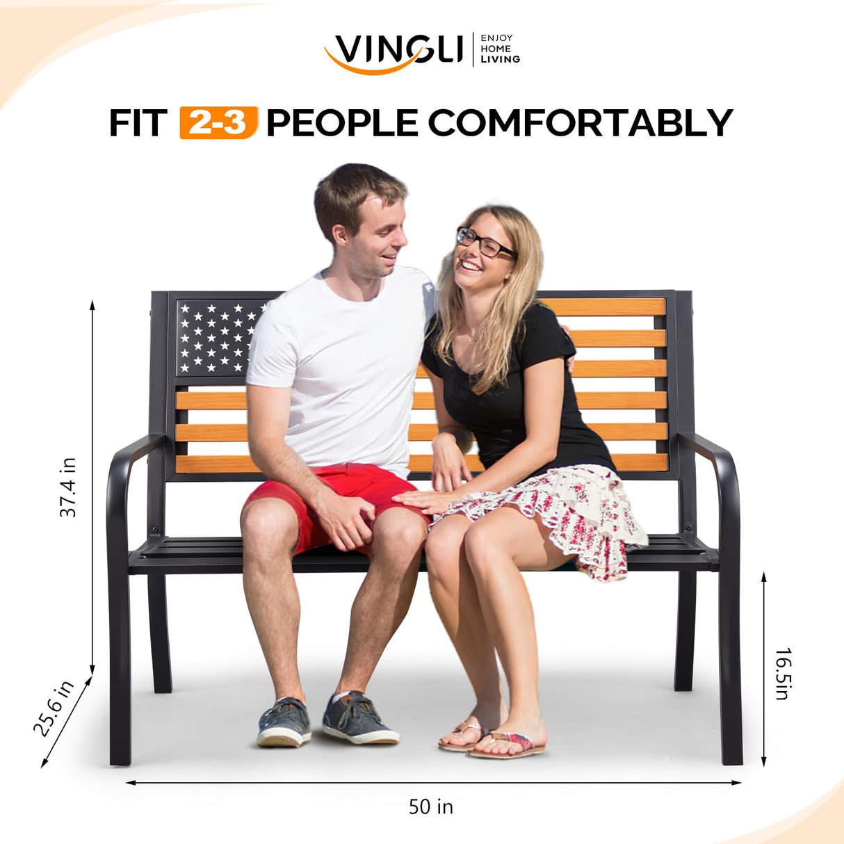 VINGLI Outdoor Metal Bench, 50in Weatherproof Garden Bench w/American Flag Style, 2-Person Sturdy Steel Patio Bench for Front Porch Yard Park VINGLI