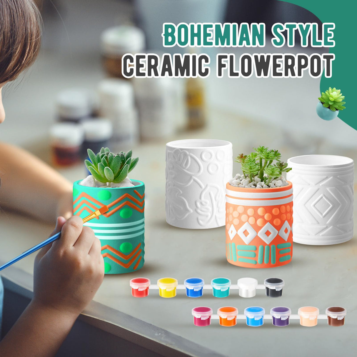 SiliFine Set of 11 Paint Your Own Kit DIY Flower Pot Painting Includes 8 Pcs Unpainted Ceramic Succulent Planters 2 Pcs Color Paints 1 Set Paint Brushes for Classroom Craft Activity (Bohemian) SiliFine