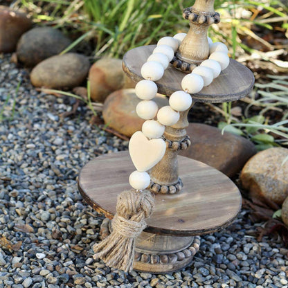 Garneck Wooden Bead Wreath Tassels - 2 Pcs Rustic Farmhouse Wooden Bead Ring with Wood Heart Pendant Tassels - Hanging Wooden Bead String for Home Garden Statue, Cross Prayer Decor