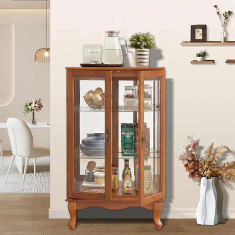 Firscook Curio Cabinet With Lighted Tall Leg Glass Door, Antique Display With Mirrored Back Panel, Vintage Accent Corner China for Living Room (Dark Oak) Firscook