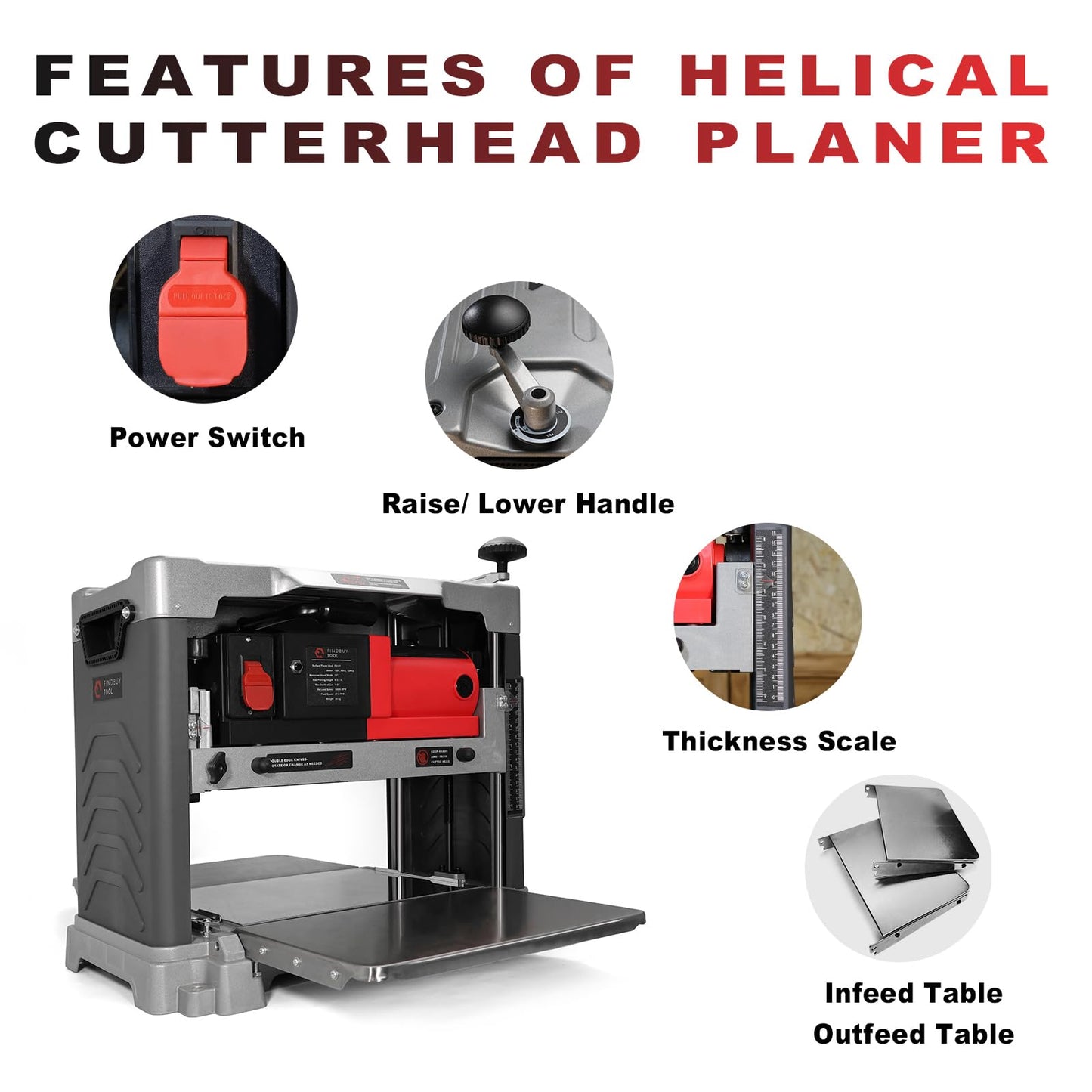 FindBuyTool 13" Benchtop Wood Thickness Planer with Helical Cutterhead, 120V 15-AMP 20000RPM Power Electric Motor Infeeding Worktable for Woodworking - WoodArtSupply