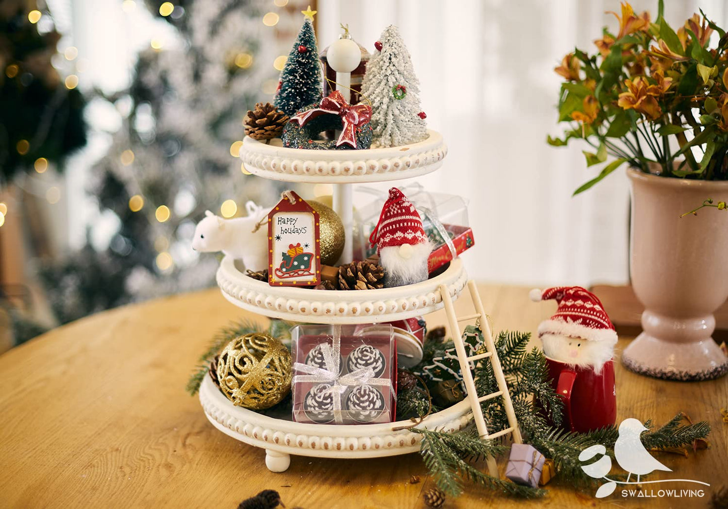 SwallowLiving Farmhouse 3 Tier Tray, White Three Tiered Tray Wood Stand with Shabby Chic Beaded for Home & Kitchen or Coffee Bar Decorations, 12.4 x 12.4 x 16.5 inchs - WoodArtSupply