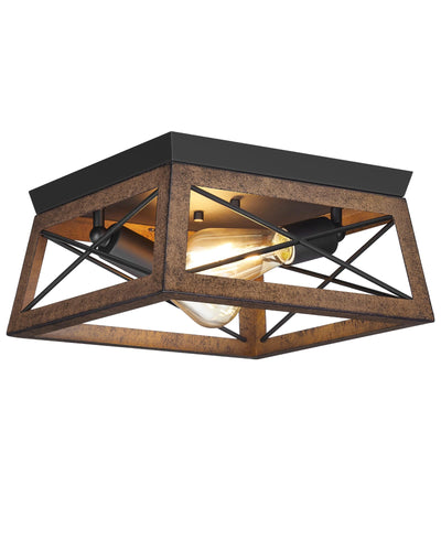 GOEBLESON Light Fixtures Ceiling Flush Mount, Farmhouse Hallway Close to Ceiling Light, Metal Frame Wood Grain, Rustic 2-Light Light Fixtures for Dining Room, Kitchen, Living Room, Brown Black