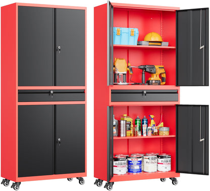 Metal Storage Cabinet with Wheels and Drawer,Rolling Garage Storage Cabinet with Lock,Black Red Metal Cabinet with Wheels,73" Mobile Tall Large Storage Cabinet on Wheels for Home,Office,Garage,Shop