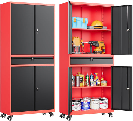 Metal Storage Cabinet with Wheels and Drawer,Rolling Garage Storage Cabinet with Lock,Black Red Metal Cabinet with Wheels,73" Mobile Tall Large Storage Cabinet on Wheels for Home,Office,Garage,Shop