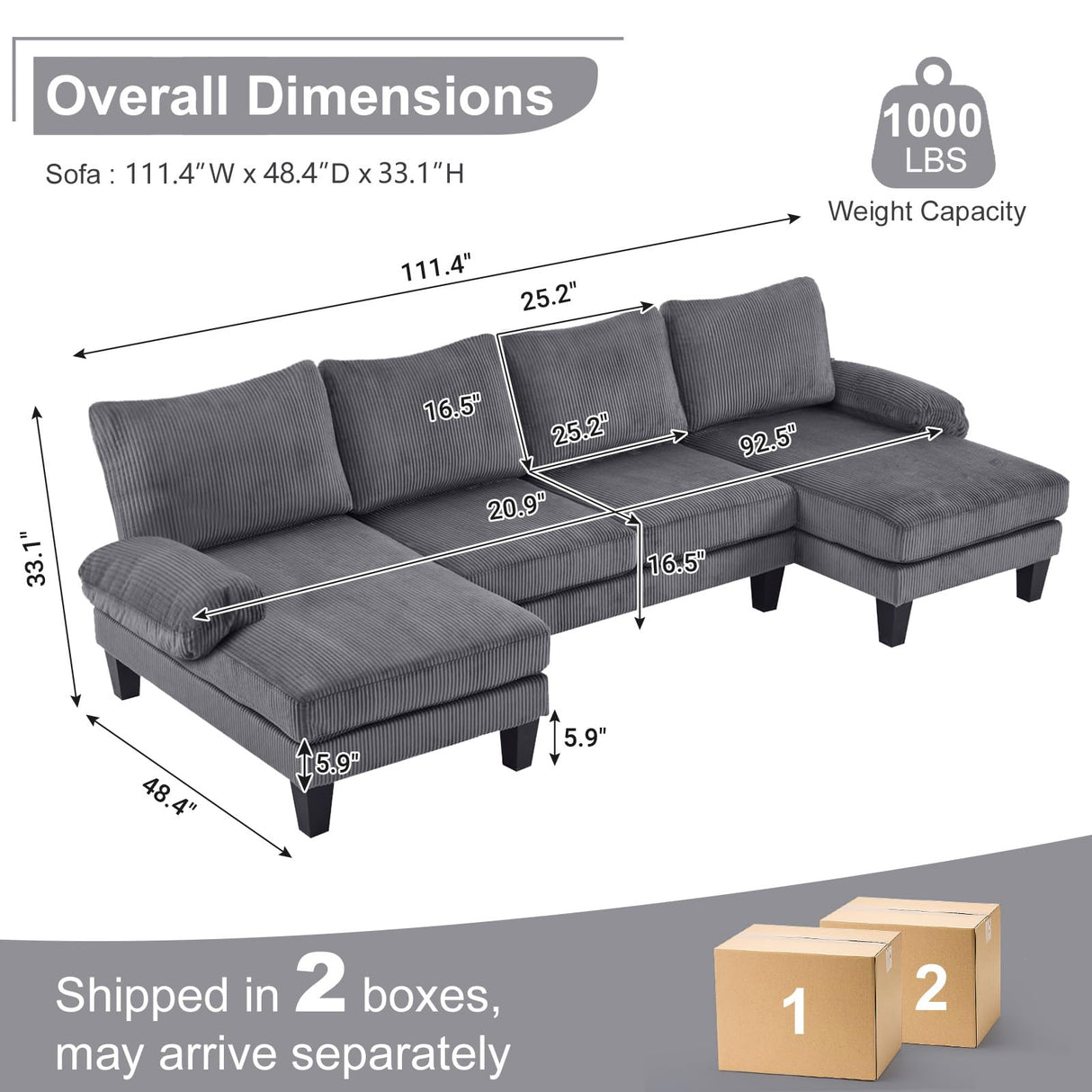 Karl home U-Shape Sectional Sofa Couch 111" Modern 4-Seat Sofa with Chaises Corduroy Fabric Upholstered Covertible Couch with Wood Grain Legs for Living Room, Reception Room, Apartment, Dark Gray Karl home