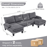 Karl home U-Shape Sectional Sofa Couch 111" Modern 4-Seat Sofa with Chaises Corduroy Fabric Upholstered Covertible Couch with Wood Grain Legs for Living Room, Reception Room, Apartment, Dark Gray Karl home