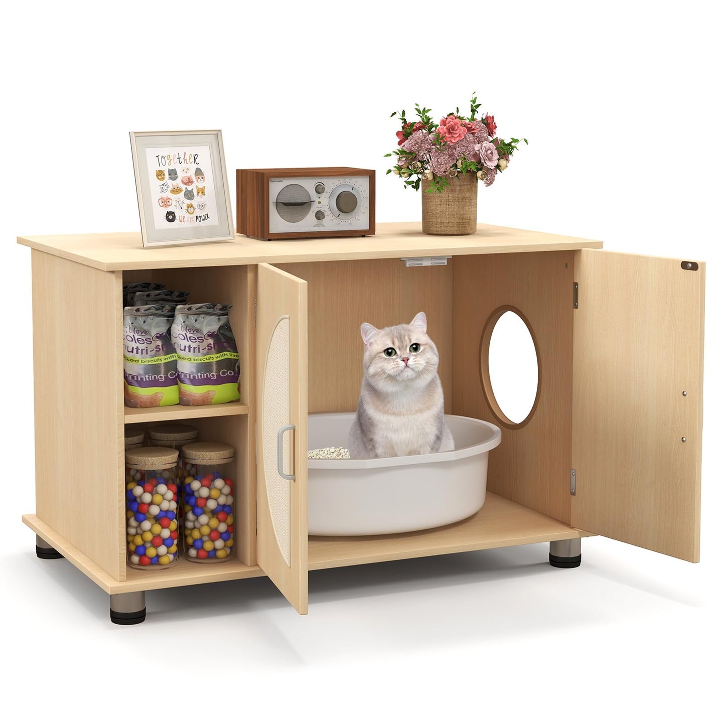 PETSITE Cat Litter Box Enclosure, Hidden Litter Box Furniture with Sisal Scratching Board Doors, Wooden Pet House Side End Table, Indoor Litter Box Cabinet with Adjustable Metal Feet