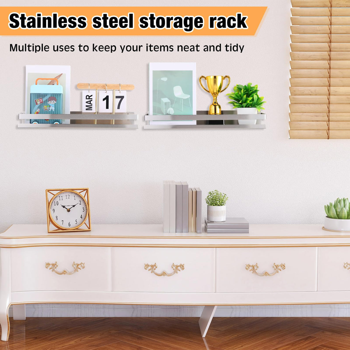 Lallisa 4 Pieces Stainless Steel Shelf Bathroom Shower Floating Shelves Wall Mounted Shower Caddy Basket Shelf Storage Organizer Shelves for Bathroom, Kitchen, Living Room, Silver, 15.75 Inch Lallisa