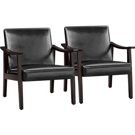 Yaheetech PU Leather Accent Chair, Mid-Century Modern Armchair with Solid Wood Legs, Reading Leisure Chair with High Back for Living Room Bedroom Waiting Room, 2 Pieces, Black Yaheetech