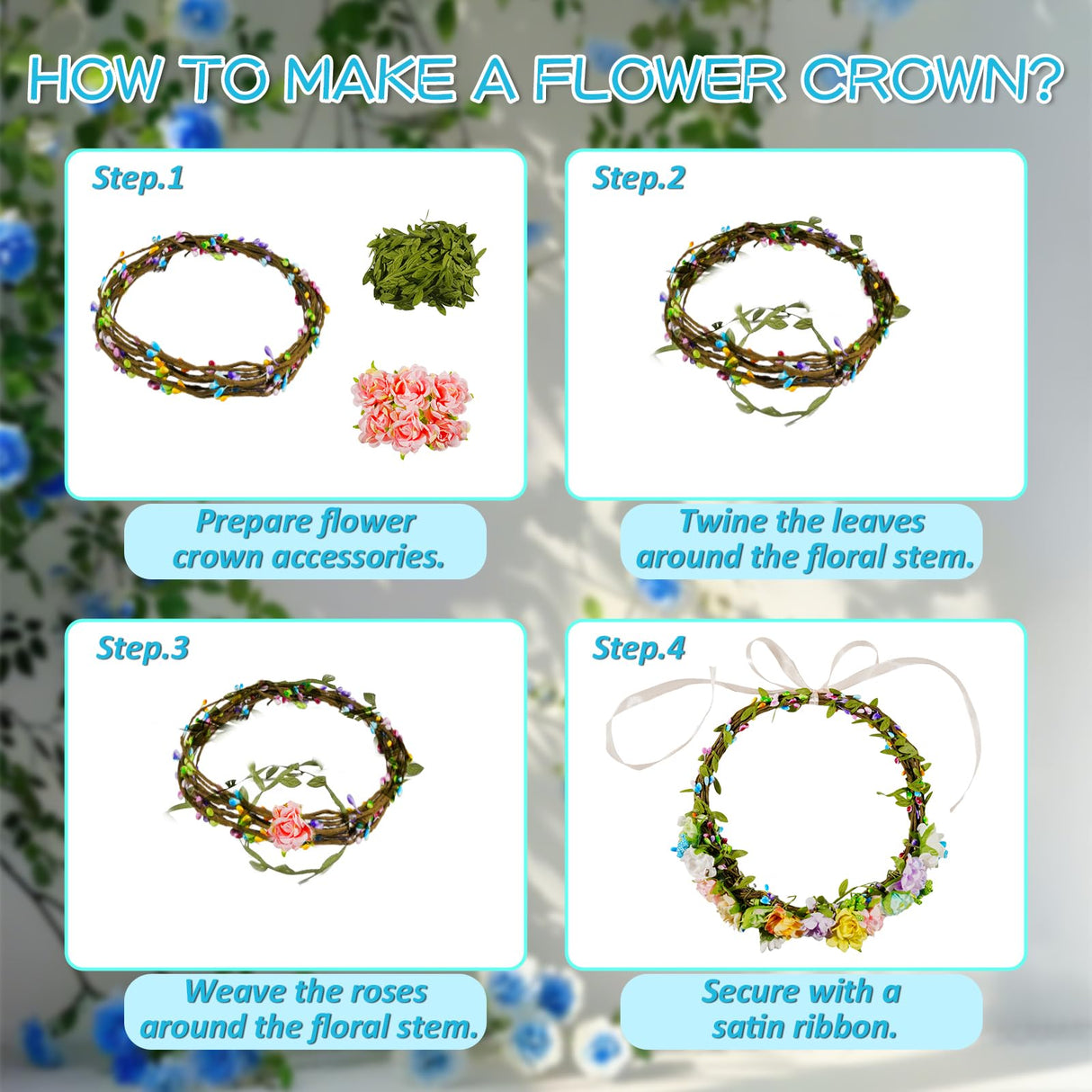 Timlotti 141Pcs(30 Set) Flower Crowns Kit for Girls Flower Crowns Making Kit Make Your Own Floral Crowns Garland Wreath with Berries and Ribbon for Girls/Teens/Women(Blooming Rose) Timlotti