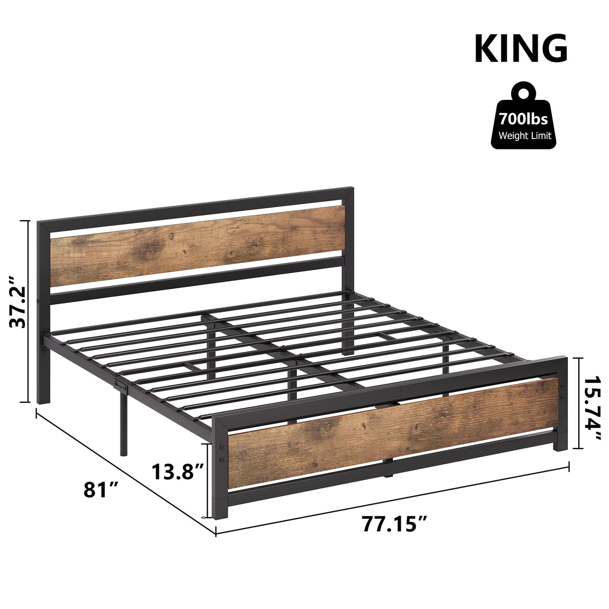 GarveeHome King Size Bed Frame, Industrial King Bed Platform with Headboard No Box Spring Needed, 14 Inch Easy Assemble King Mattress Bedframe, Retro Brown GarveeHome