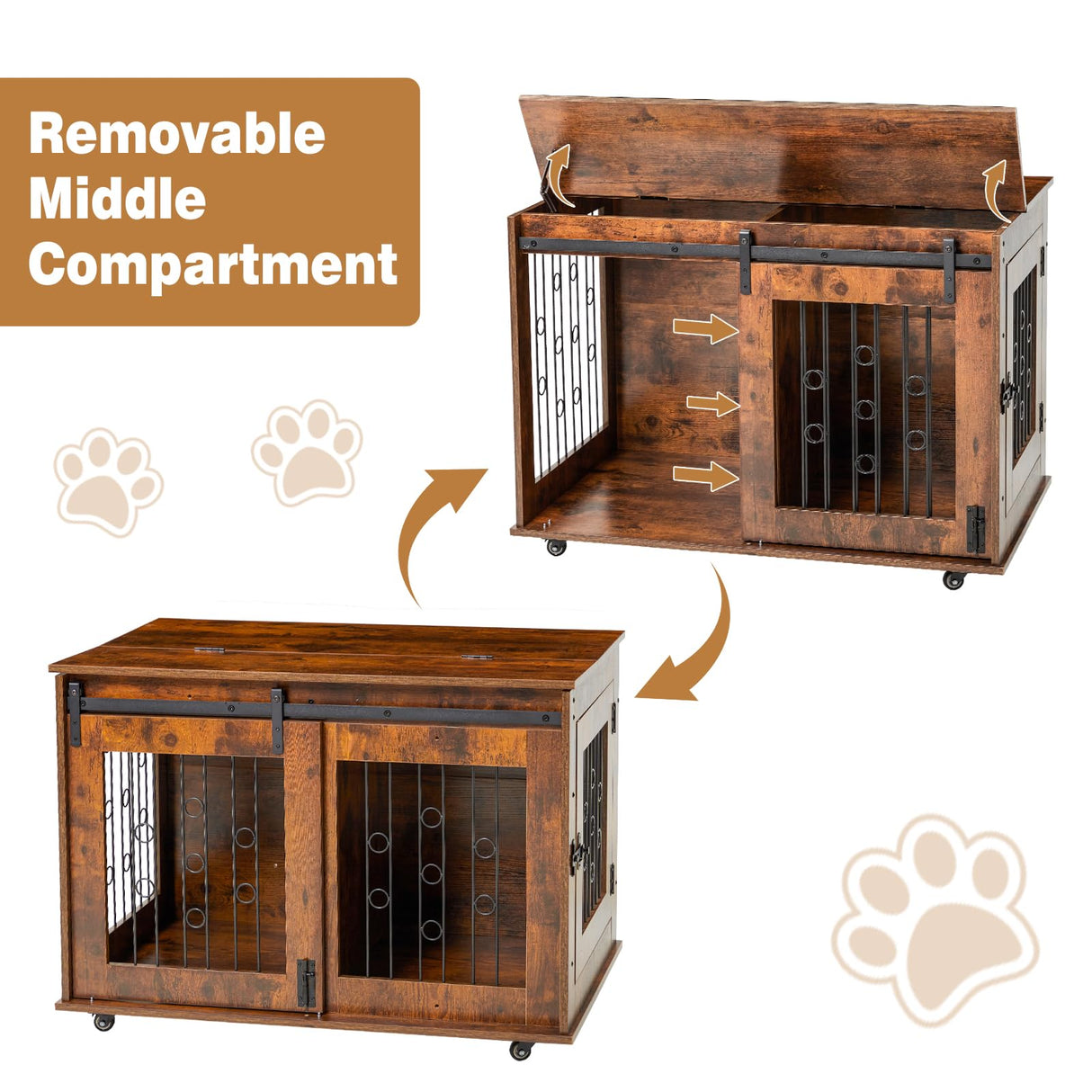 2 Rooms Dog Crate Furniture with Movable Divider,39" Wooden Dog Crate Table,Wooden Dog Kennel Pet House Cage,Flip Top 39.37”Wx25.2”Dx28.94”H GAOMON