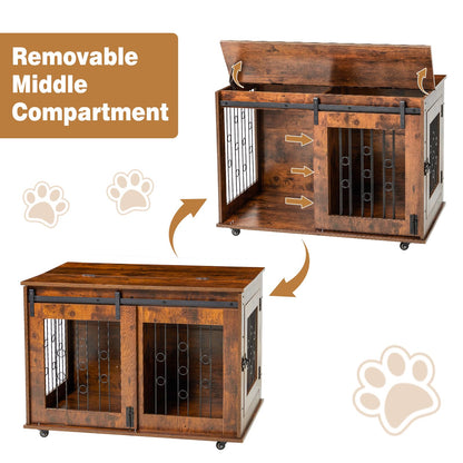 2 Rooms Dog Crate Furniture with Movable Divider,39" Wooden Dog Crate Table,Wooden Dog Kennel Pet House Cage,Flip Top 39.37”Wx25.2”Dx28.94”H