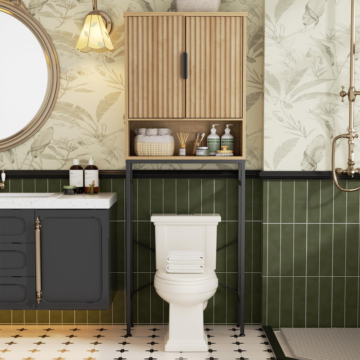 Over The Toilet Storage Cabinet with Fluted Doors and Adjustable Shelf, Tall Bathroom Organizer with Metal Stand Space Saver Over Toilet , Wood Rack for Bathroom, Restroom, Laundry, Natural Oak FiveWillowise