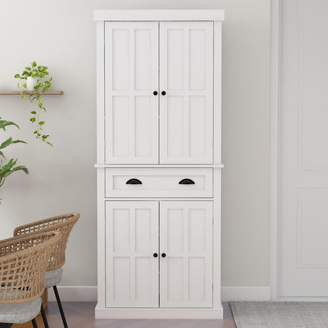 RASOO Kitchen Pantry Cabinet 72" Freestanding Pantry Storage Cabinet with Drawer and Adjustable Shelves Cupboard Buffet Cabinet,Bathroom or Hallway, White (Grid) RASOO