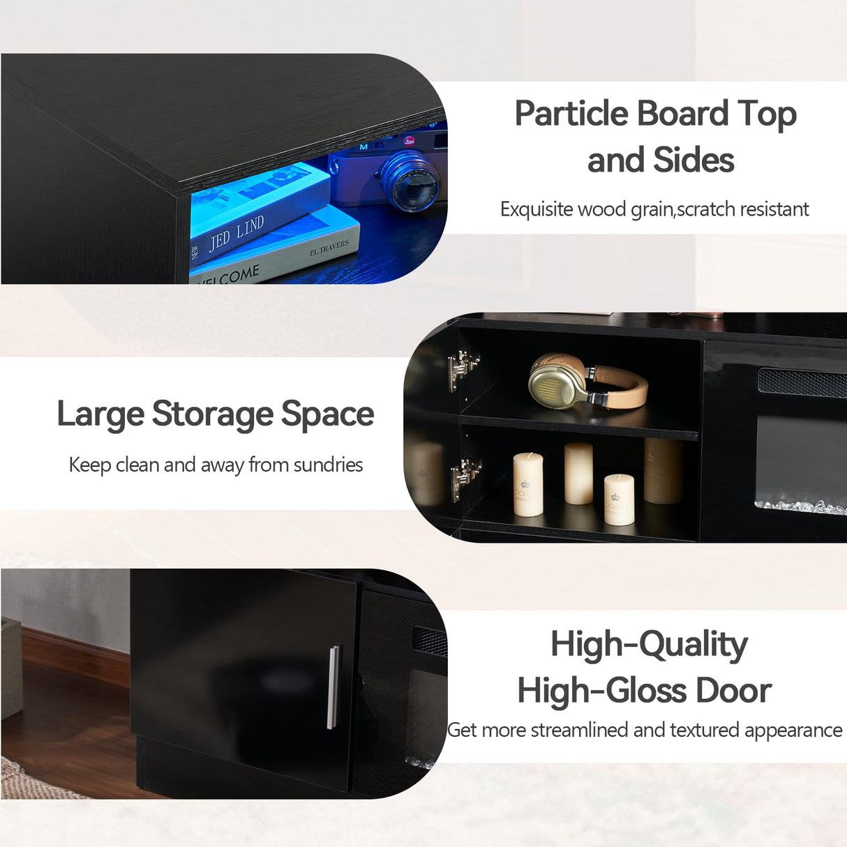 oneinmil 70" Fireplace TV Stand for TVs Up to 80", Electric Fireplace Entertainment Center with LED Lights & Storage Cabinets, Media Console Table for Living Room, Black oneinmil