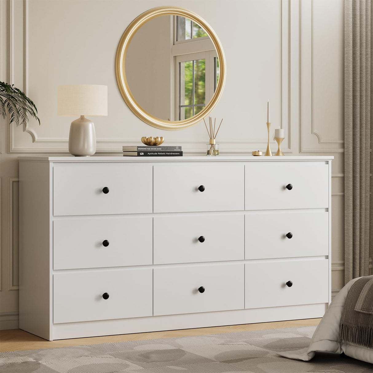 Tradare 9 Drawer Dresser for Bedroom, 59" Wide White Chest of Drawers, Wooden Dresser with 9 Drawers with Ample Storage, Modern Storage Organizer for Hallway,Nursery Tradare