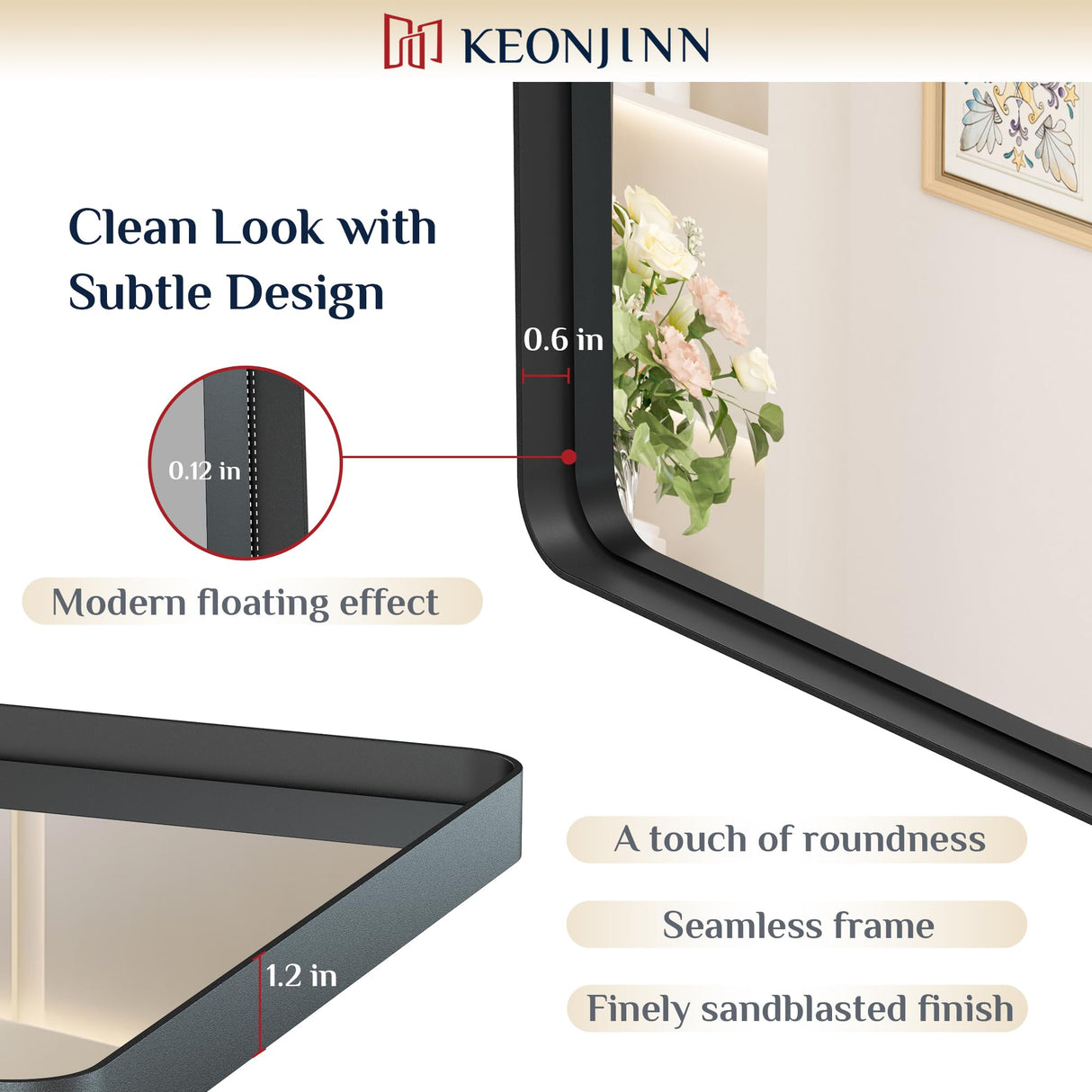 Keonjinn Black Metal Framed Bathroom Mirrors for Wall, 60” x 28” Large Rounded Rectangle Bathroom Vanity Mirror, Matte Black Modern Decorative Mirror, Anti-Rust, HD Tempered Glass(Horizontal/Vertical) Keonjinn