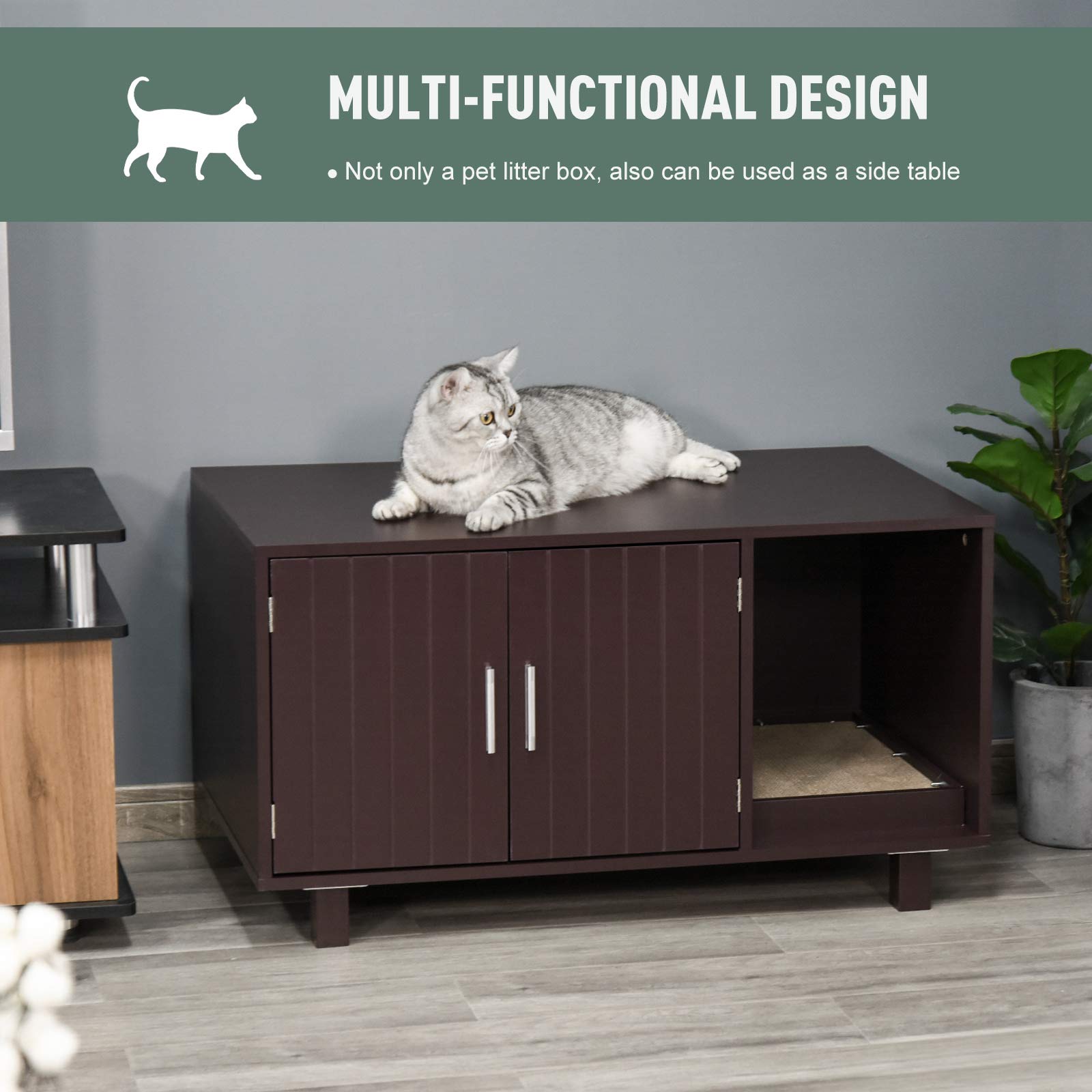 PawHut Wooden Cat Litter Box Enclosure & House, Kitty Hidden Washroom, with End Table Design, Scratcher, & Magnetic Doors, Brown - WoodArtSupply