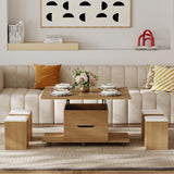 homary Natural Lift Top Coffee Table with Hidden Storage, 3 in 1 Multi-Function Modern Folding Center Table with 4 Stools and Casters homary