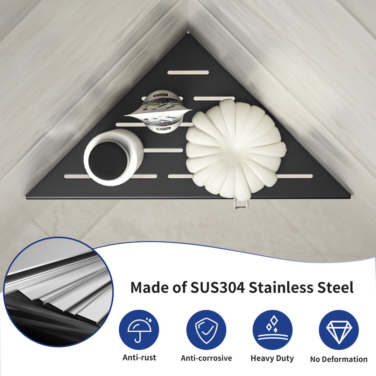 Bernkot Corner Shower Shelf 10" Matte Black 304 Stainless Steel Slot Design Recessed Corner Shelves, Grout in Bathroom Shower Shelf for Tiled Wall, 2 Pack Bernkot