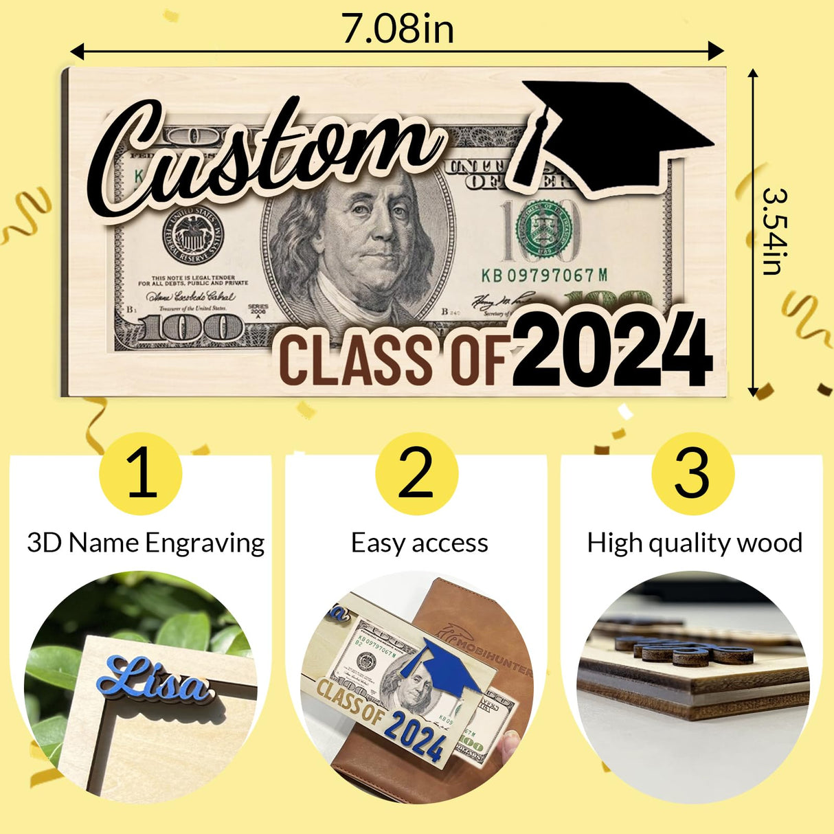 Cupike Personalized Wooden Graduation Money Holder Custom Graduation Card Box with Name Customize Cash Holder Envelope Senior Gifts for 2024 Graduates (01) Cupike