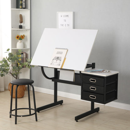 Drafting Drawing Table with Stool and 3 Drawers, Adjustable and Extendable,Sturdy Construction for Adults and Teen(White)