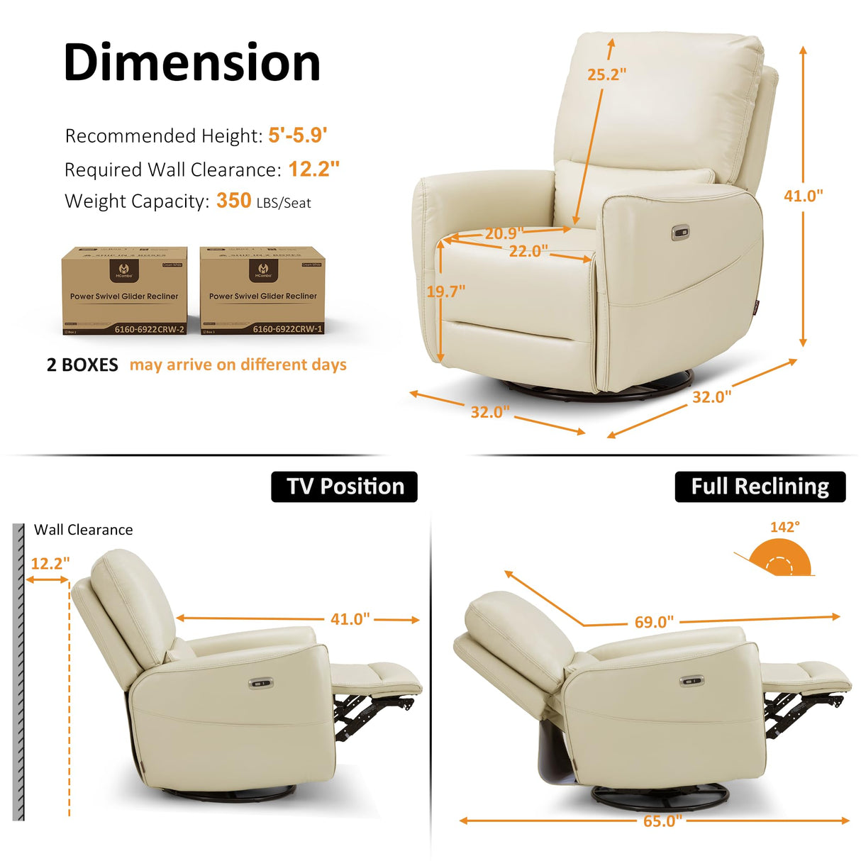 MCombo Power Swivel Rocker Recliner with Lumbar Support, Faux Leather Electric Nursery Glider Recliner Chair for Living Room, 6922 (Cream White) MCombo