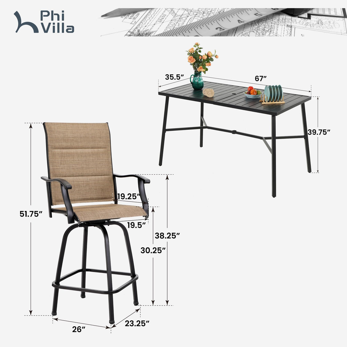 PHI VILLA 7 Piece Patio Bar Dining Set, Bar Height Outdoor Table and Chairs with 6 Swivel Bar Stools (Padded Textilene) & Large Rectangle Metal Table for Deck, Garden and Yard PHI VILLA