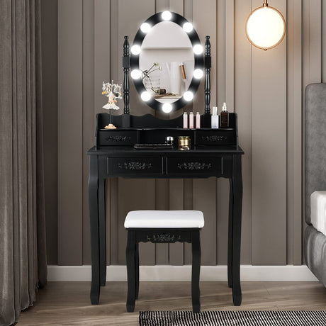 Giantex Makeup Vanity Table with 10 LED Lights, Adjustable Brightness, 4 Drawers, Rotatable Mirror, Cushioned Stool, Vanity Desk Dressing Table Bedroom Furniture (Black) Giantex