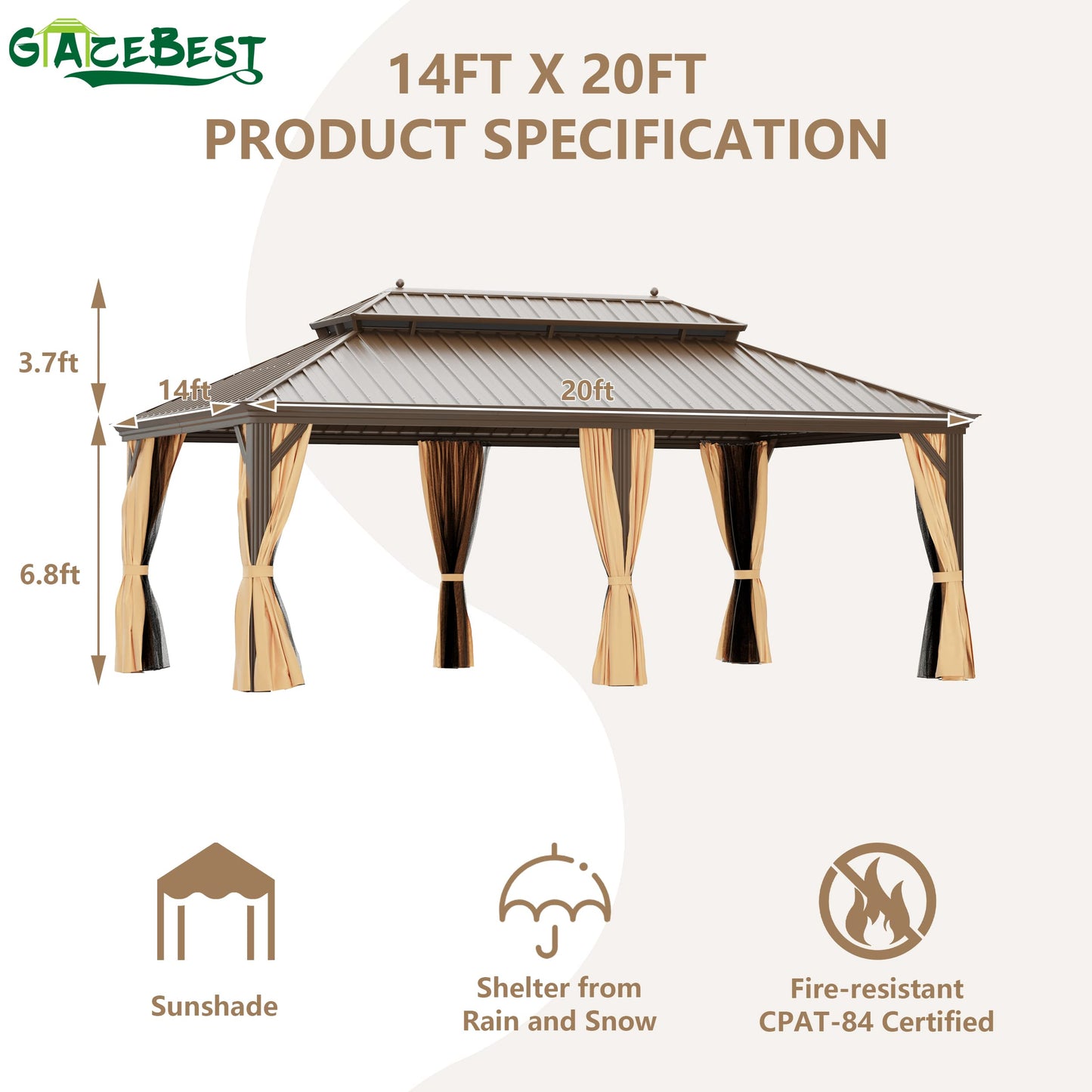 GAZEBEST 14'x20' Hardtop Gazebo Outdoor Aluminum Patio Gazebo Double Roof Galvanized Steel Gazebo Canopy with Netting and Curtains,for Garden Patio,Patio Backyard,Deck and Lawns - WoodArtSupply