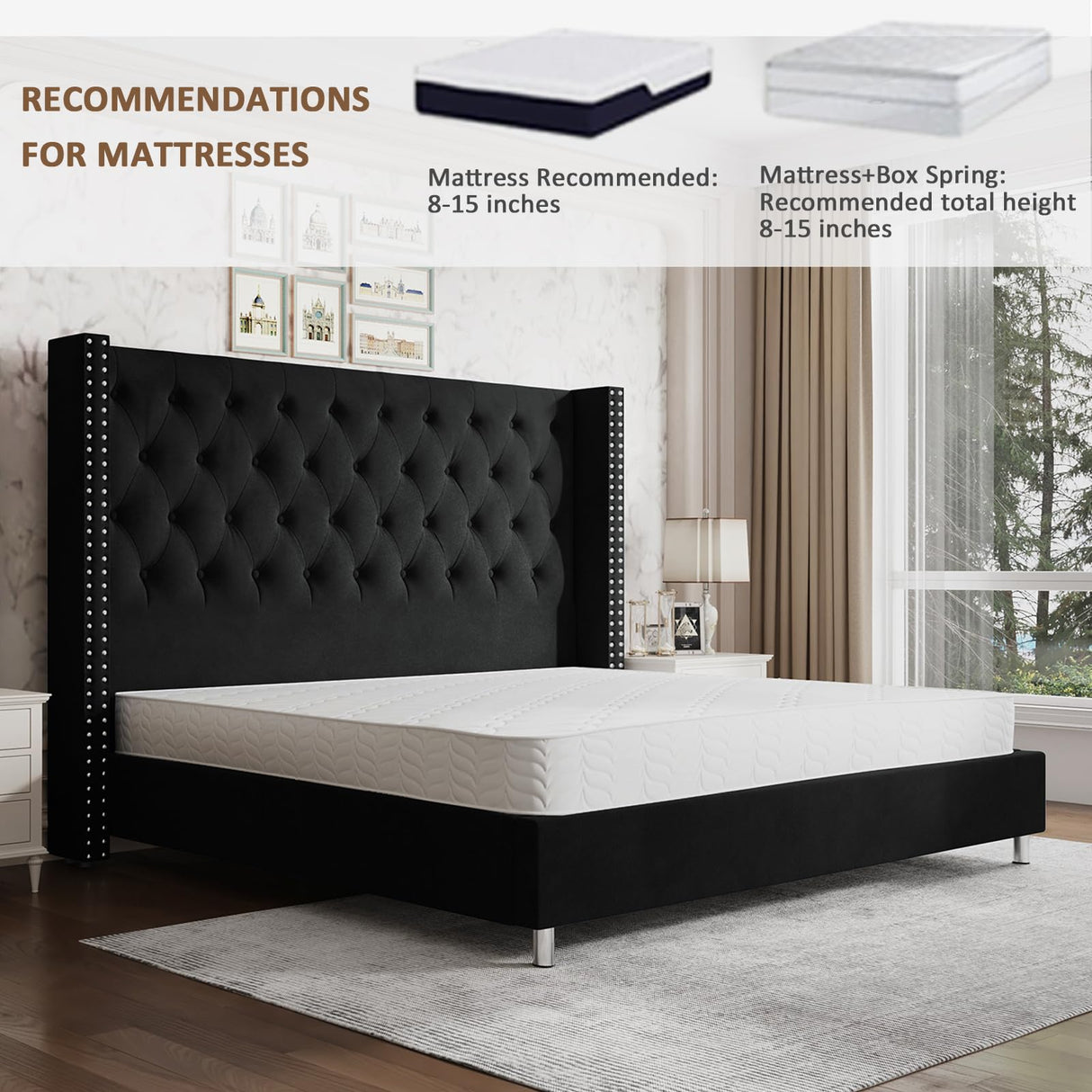 Jocisland King Bed Frame Upholstered Bed Wingback Headboard Velvet Tufted Diamond Button/No Box Spring Needed/Easy Assembly/Black Jocisland