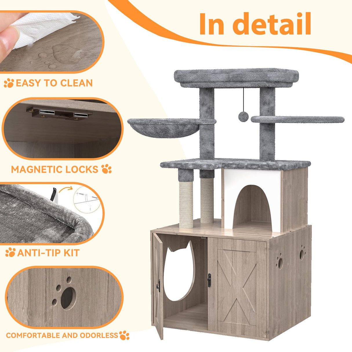 HavenlyYouth Litter Box Enclosure with Cat Tree,Cat Tree with Litter Box Enclosure,Hidden Pet Washroom Furniture with Sisal Scratching Post,Hammocks,Condo,Multiple Platform,Soft Plush Perch, Grey HavenlyYouth