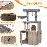 HavenlyYouth Litter Box Enclosure with Cat Tree,Cat Tree with Litter Box Enclosure,Hidden Pet Washroom Furniture with Sisal Scratching Post,Hammocks,Condo,Multiple Platform,Soft Plush Perch, Grey HavenlyYouth