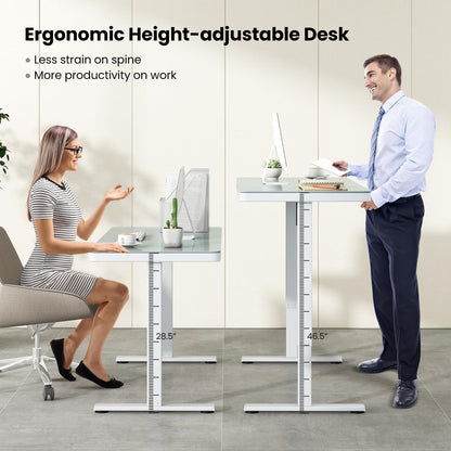 Tangkula Glass Standing Desk with Drawer, 48” x 24” Height Adjustable Electric Stand Up Desk with Tempered Glass Top, Sit Stand Desk with Memory Positions & USB Type-C Outlets for Home Office - WoodArtSupply