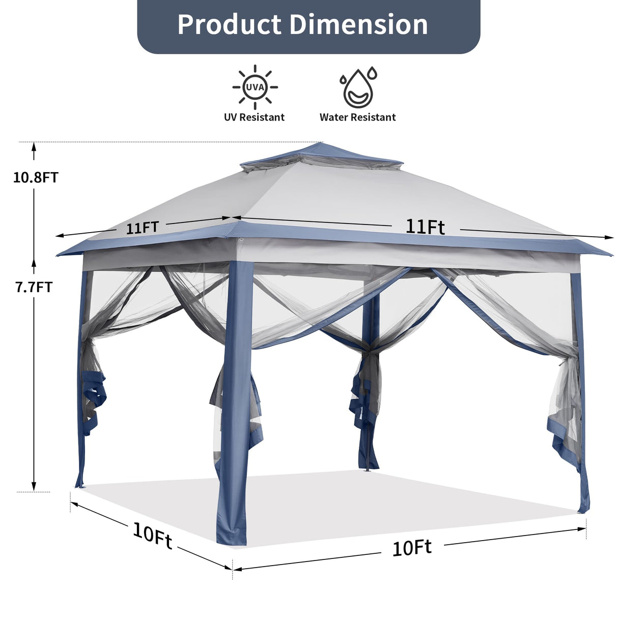 GDY 11x11 Pop Up Canopy Tent, Outdoor Canopy with Netting, Outdoor Gazebo for Backyard, Tent with Wheeled Cover Bag, Blue. GDY