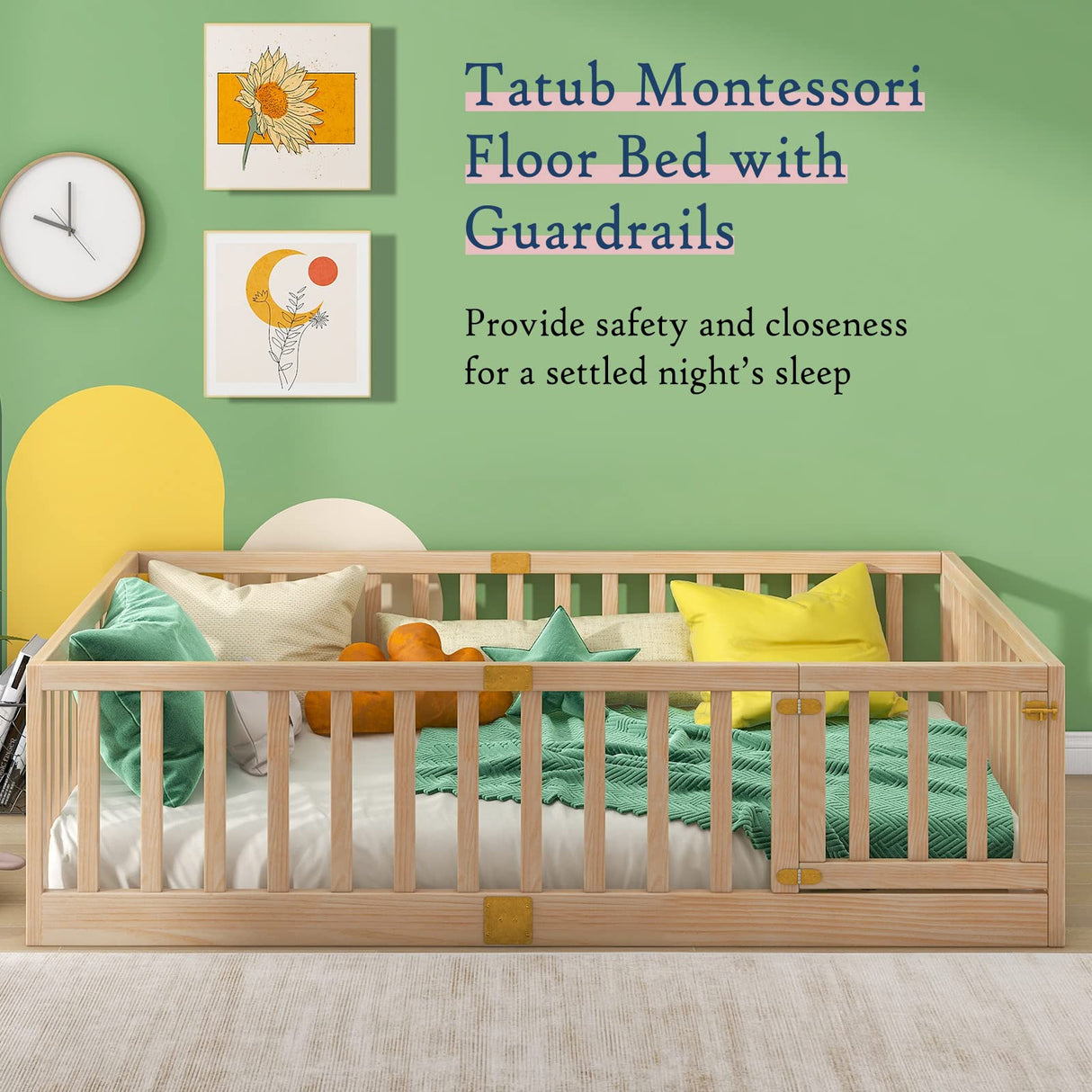 Tatub Full Montessori Floor Bed with High Rails, Solid Wood Montessori Bed Frame for Kids, Door Can Install Left and Right, Full-Nature Tatub